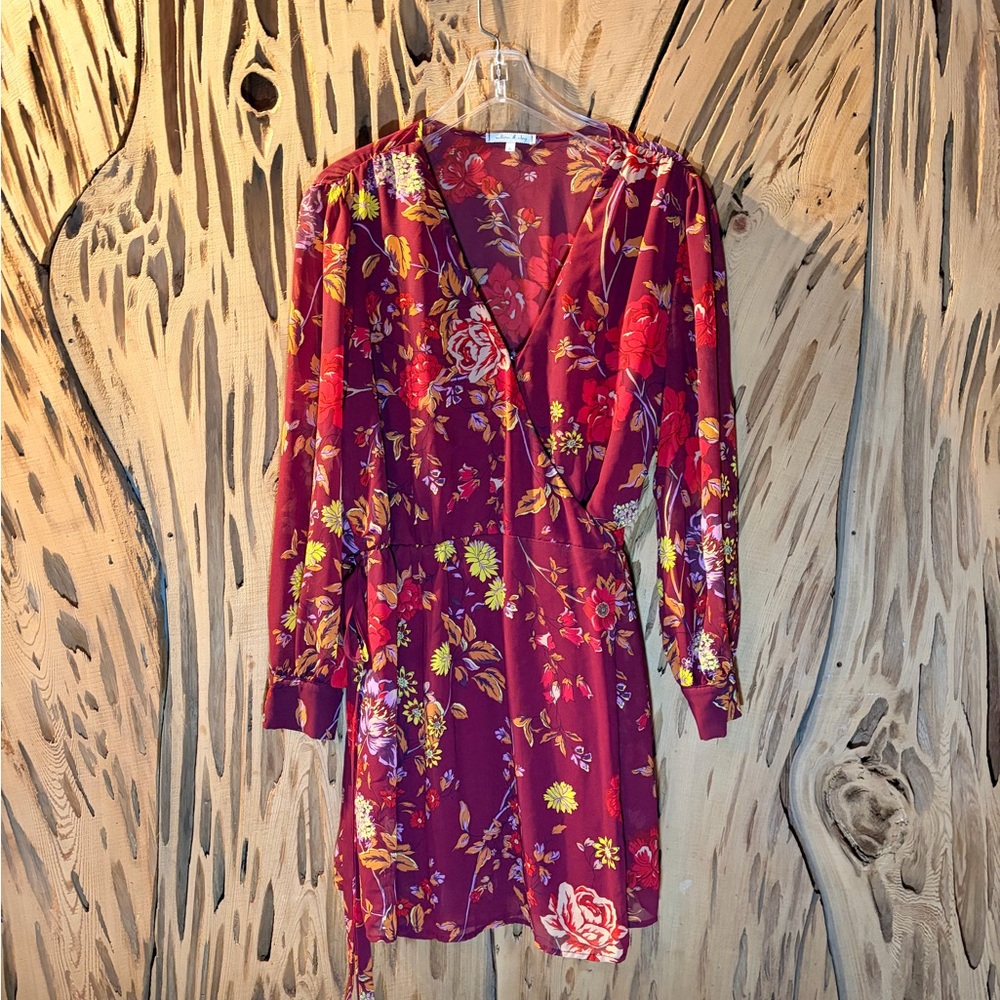 Willow & Clay Red floral wrap dress with long sleeves. Size: L